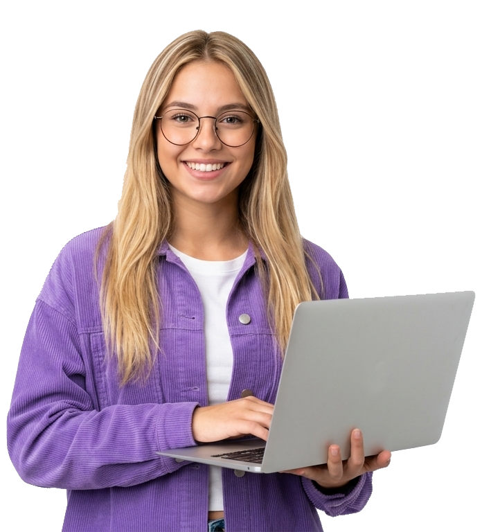 Criadora de conteúdo com notebook acompanhando as métricas no Provaqui